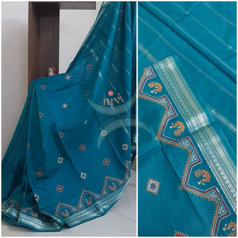Teal blue kota cotton with traditional peacock motif kasuti embroidery