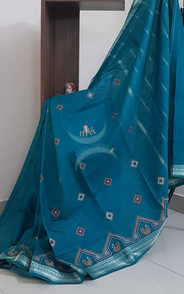 Teal blue kota cotton with traditional peacock motif kasuti embroidery
