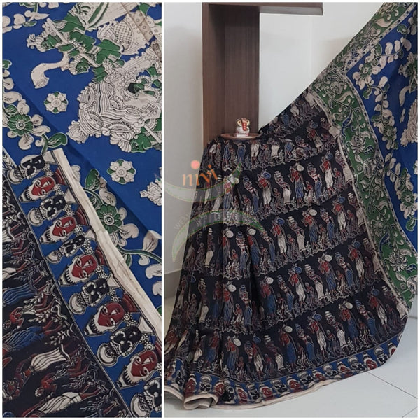 Black cotton handloom kalamkari with contrasting blouse piece.