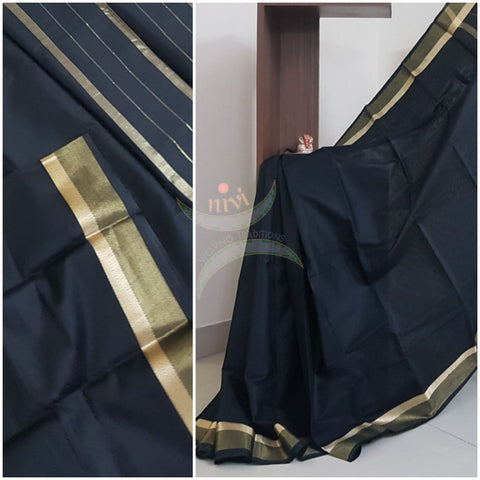 Black cotton blended saree with contrasting gold border and striped pallu.