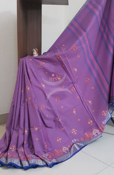 Purple kota cotton with traditional anne ambari motif kasuti embroidery