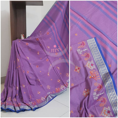 Purple kota cotton with traditional anne ambari motif kasuti embroidery