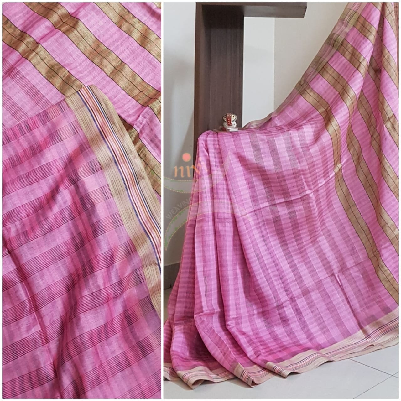 Pink bagalpuri tussar with self woven chequared pattern.