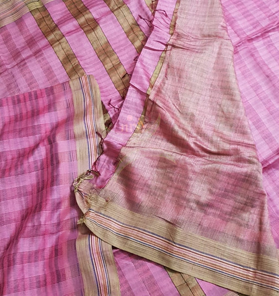 Pink bagalpuri tussar with self woven chequared pattern.