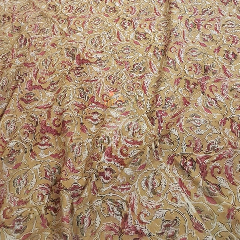 Mustard yellow with floral motifs handloom cotton kalamkari fabric