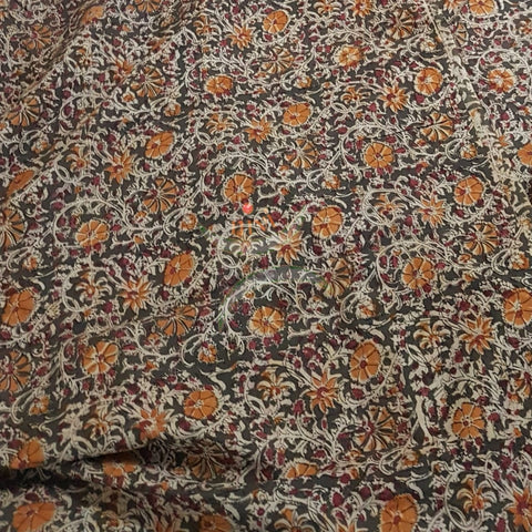 Khaki green with mustard floral motif handloom cotton kalamkari fabric