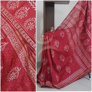 Red handloom bagru printed cotton saree with blouse