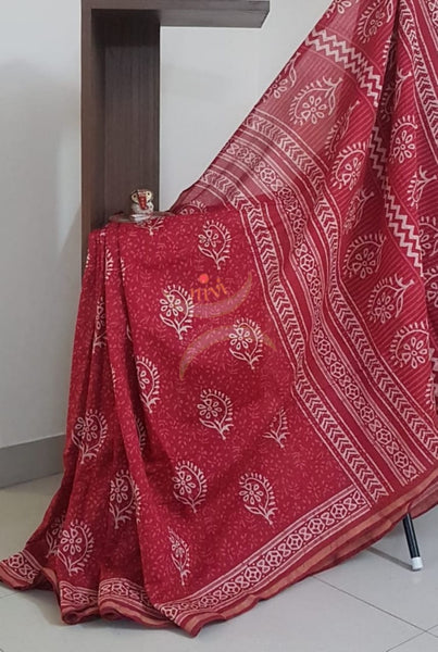 Red handloom bagru printed cotton saree with blouse