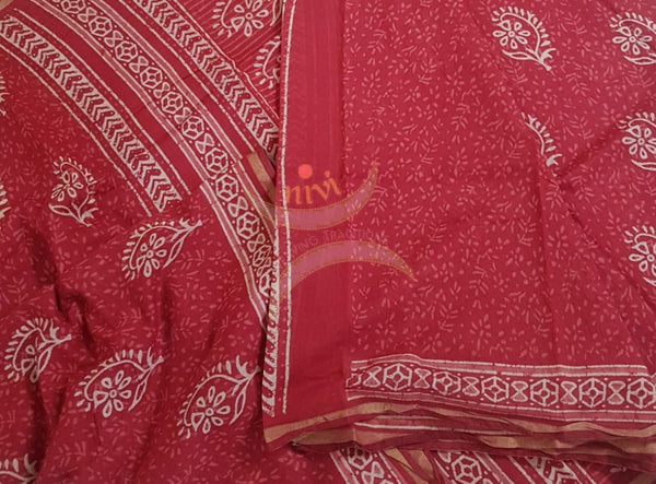 Red handloom bagru printed cotton saree with blouse