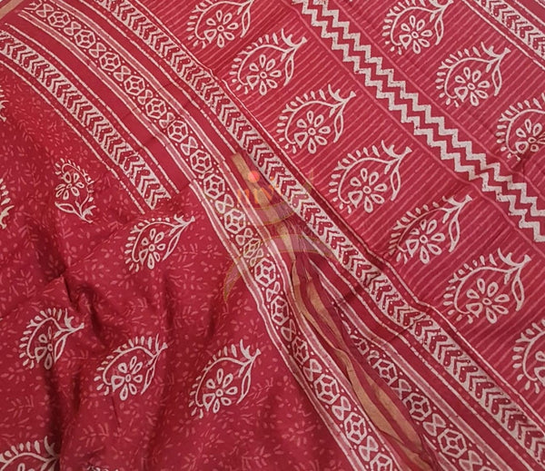 Red handloom bagru printed cotton saree with blouse