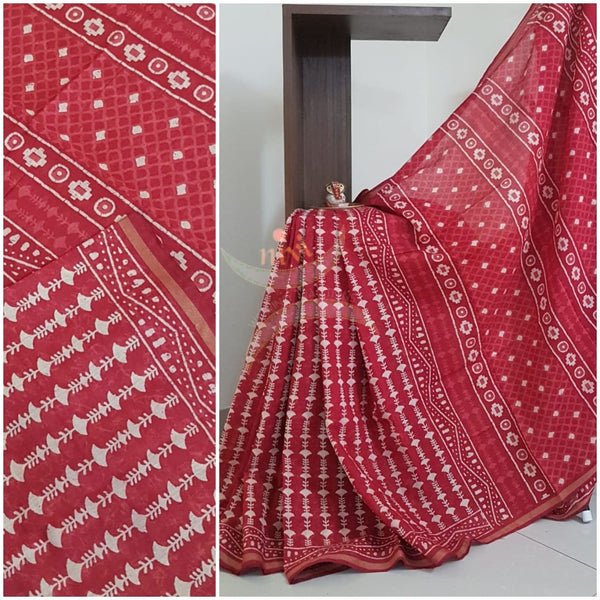 Red handloom bagru printed cotton saree with blouse