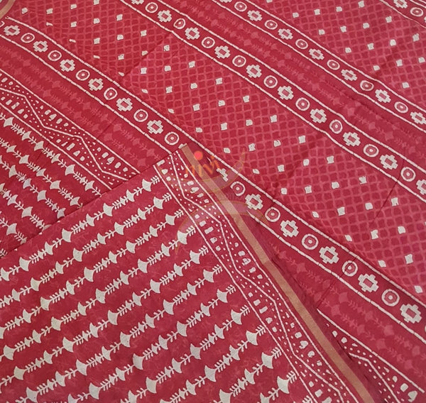 Red handloom bagru printed cotton saree with blouse