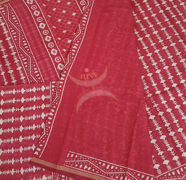 Red handloom bagru printed cotton saree with blouse