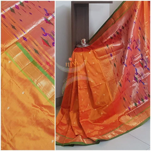 Orange handloom pure silk paithani