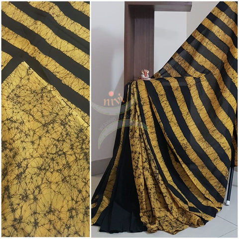 Yellow half and half Handloom  handprinted batik saree with blouse piece .