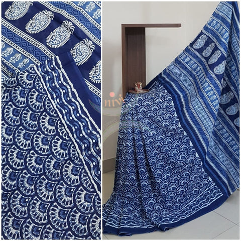 Indigo handloom cotton Saree with blouse piece