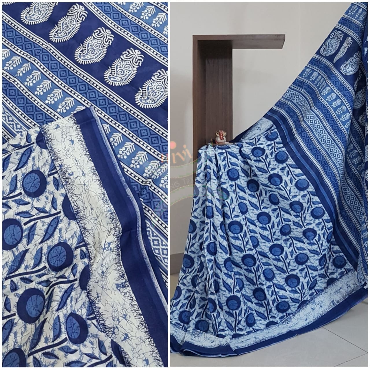 Indigo handloom cotton Saree with blouse piece