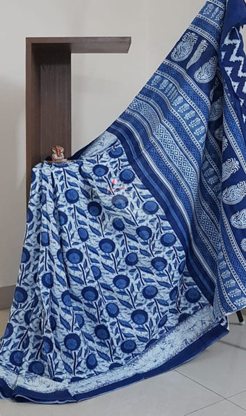 Indigo handloom cotton Saree with blouse piece