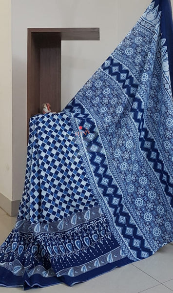 Indigo handloom cotton Saree with blouse piece