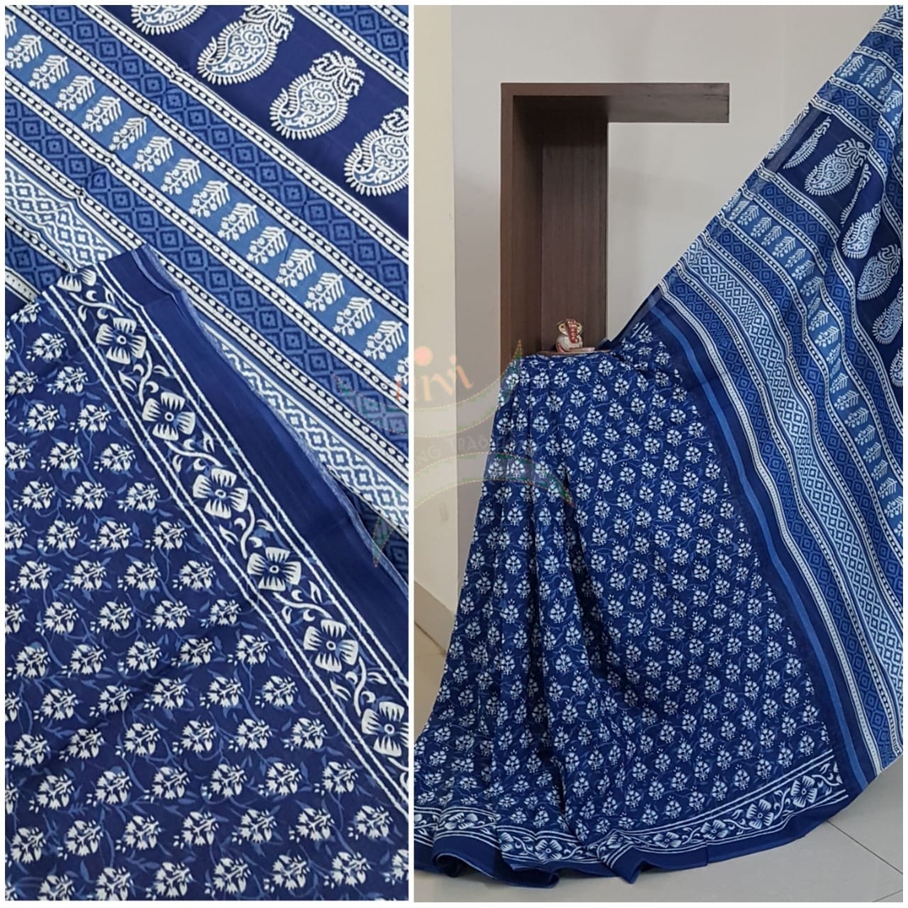 Indigo handloom cotton Saree with blouse piece