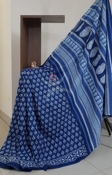 Indigo handloom cotton Saree with blouse piece