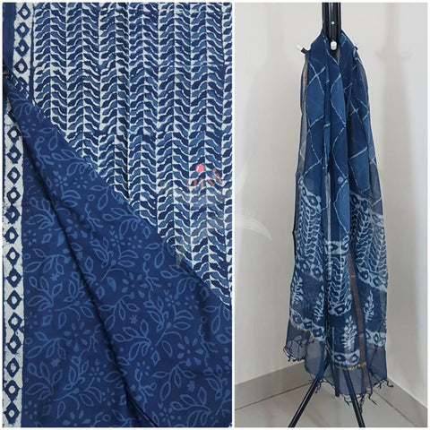 Indigo Handblock printed cotton 3 piece suit with Kota doria duppata.