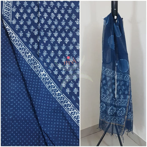 Indigo Handblock printed cotton 3 piece suit with Kota doria duppata.