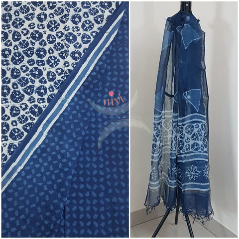 Indigo Handblock printed cotton 3 piece suit with Kota doria duppata.