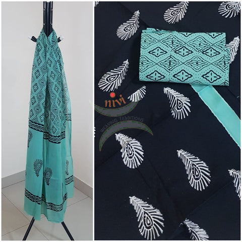 Handblock printed cotton 3 piece suit with cotton block printed duppata.