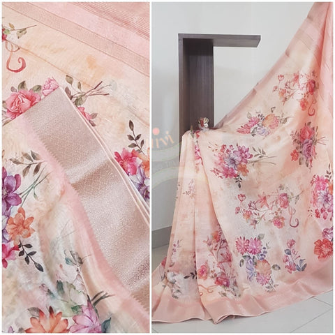 Linen cotton digital printed saree with zari brocade