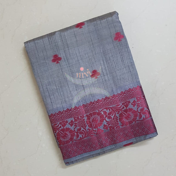 Grey with teal Art silk tussar with contrasting woven thread border and zari woven pallu