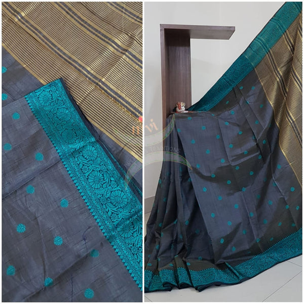 Grey with teal Art silk tussar with contrasting woven thread border and zari woven pallu