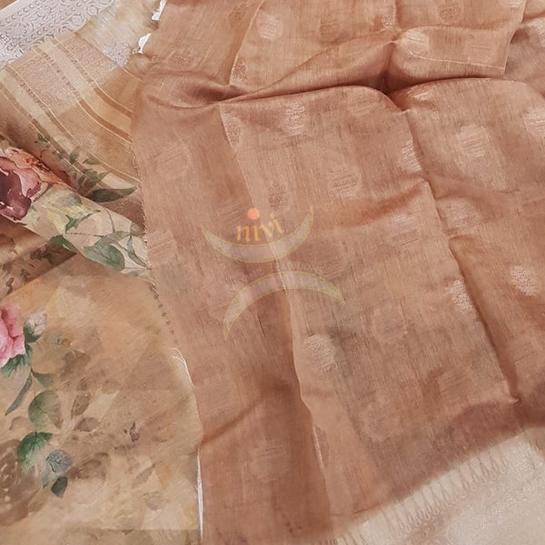 Linen cotton digital printed with woven zari brocade border