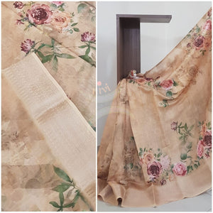 Linen cotton digital printed with woven zari brocade border