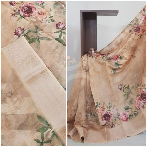 Linen cotton digital printed with woven zari brocade border