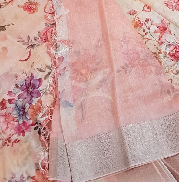 Linen cotton digital printed with woven zari brocade border