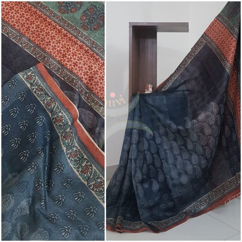 Digital  ajarakh printed cotton saree