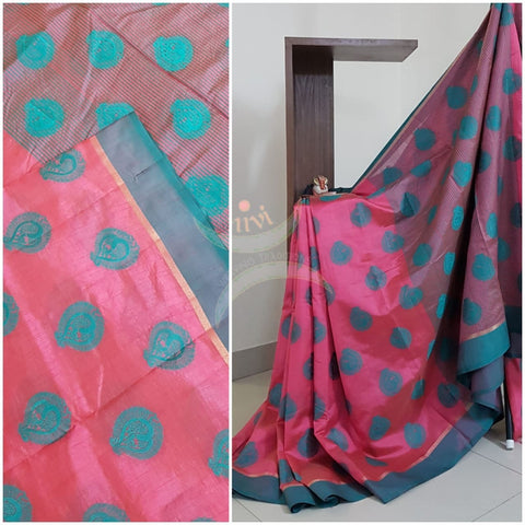 Pink art silk tussar saree with blouse piece