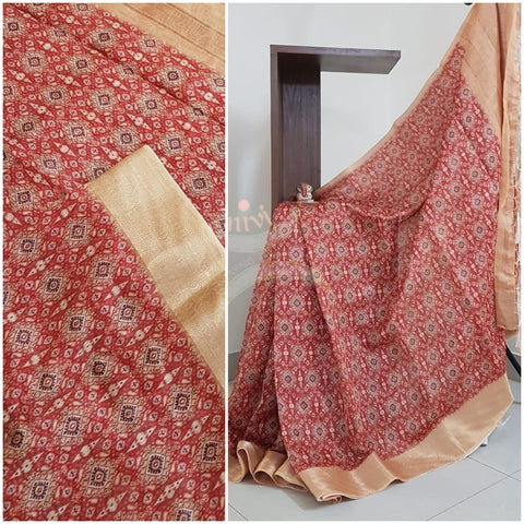 Linen cotton digital printed with woven zari brocade border