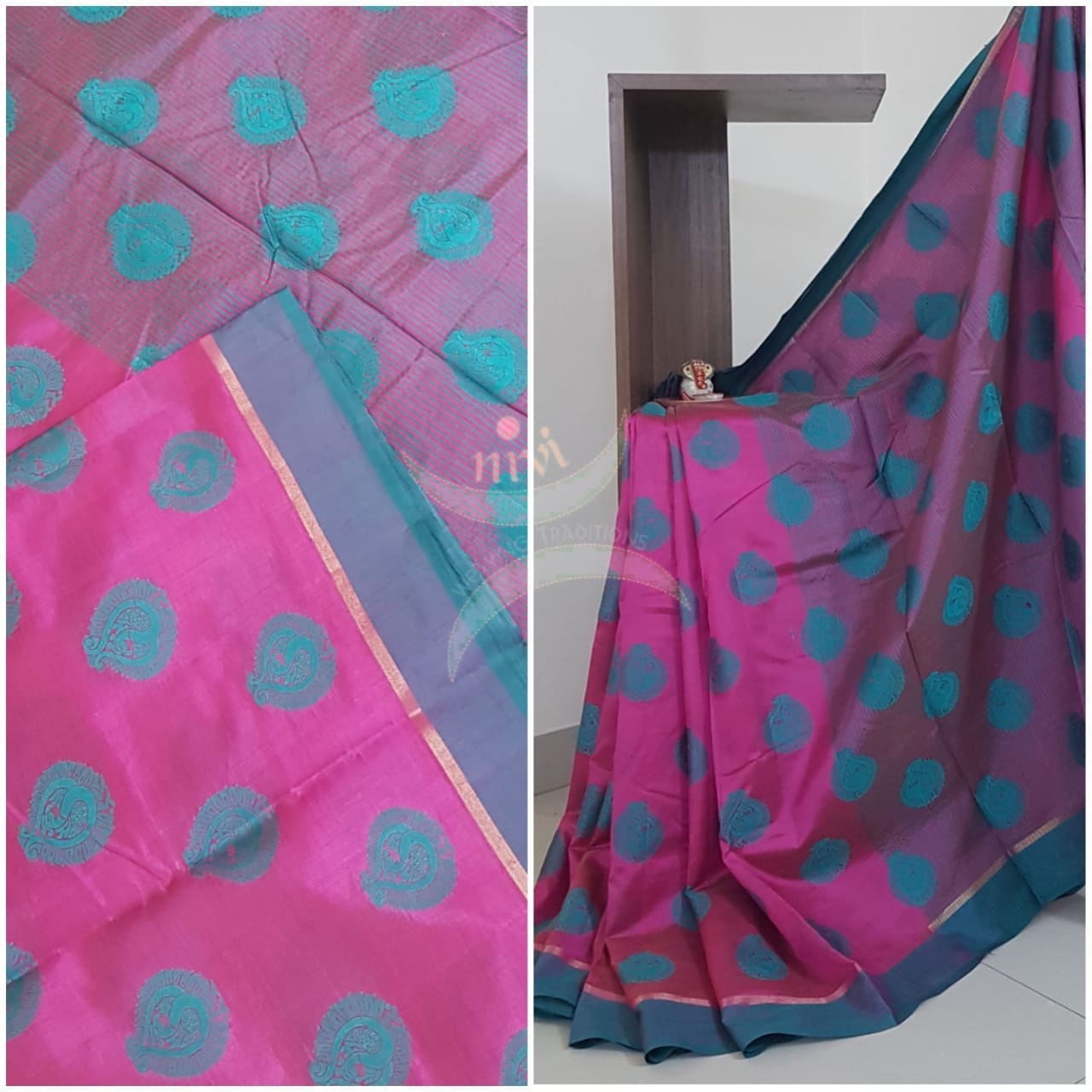 Pink art silk tussar saree with blouse piece