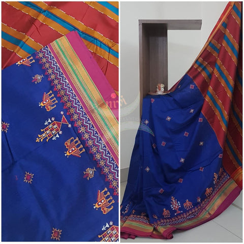 Royal blue cotton blend ilkal with traditional kasuti embroidery