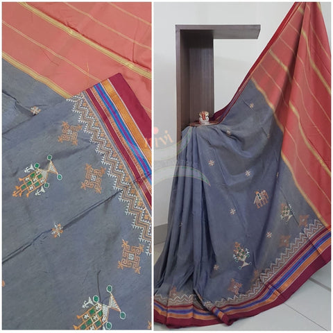 Grey with maroon cotton blend ilkal with traditional kasuti embroidery
