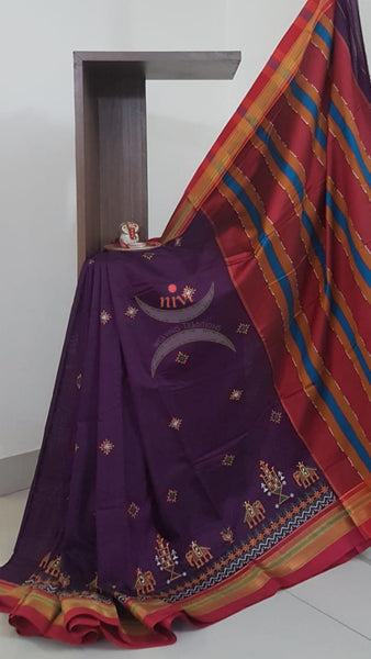 Purple with pink cotton blend ilkal with traditional kasuti embroidery