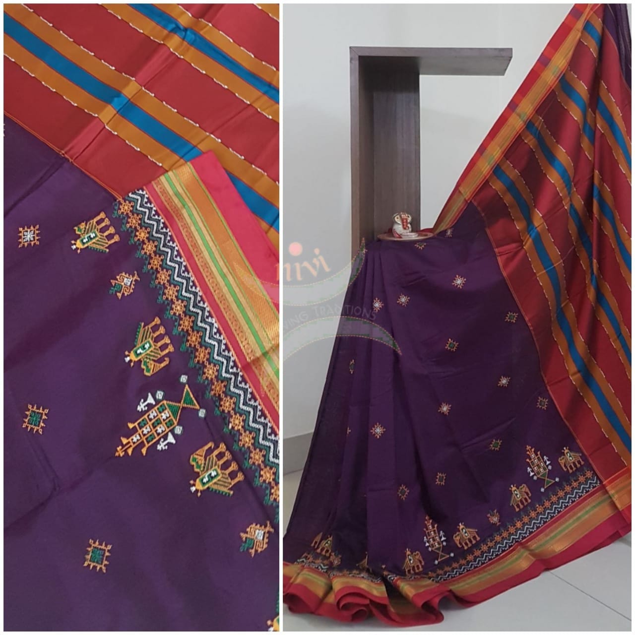 Purple with pink cotton blend ilkal with traditional kasuti embroidery