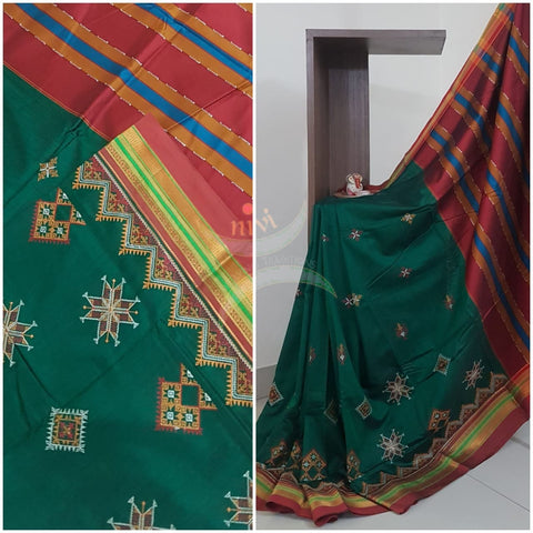 Green cotton blend ilkal with traditional kasuti embroidery