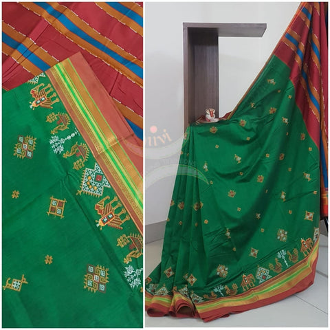 Green cotton blend ilkal with traditional kasuti embroidery