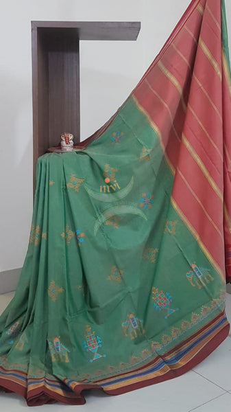 Green cotton blend ilkal with traditional kasuti embroidery