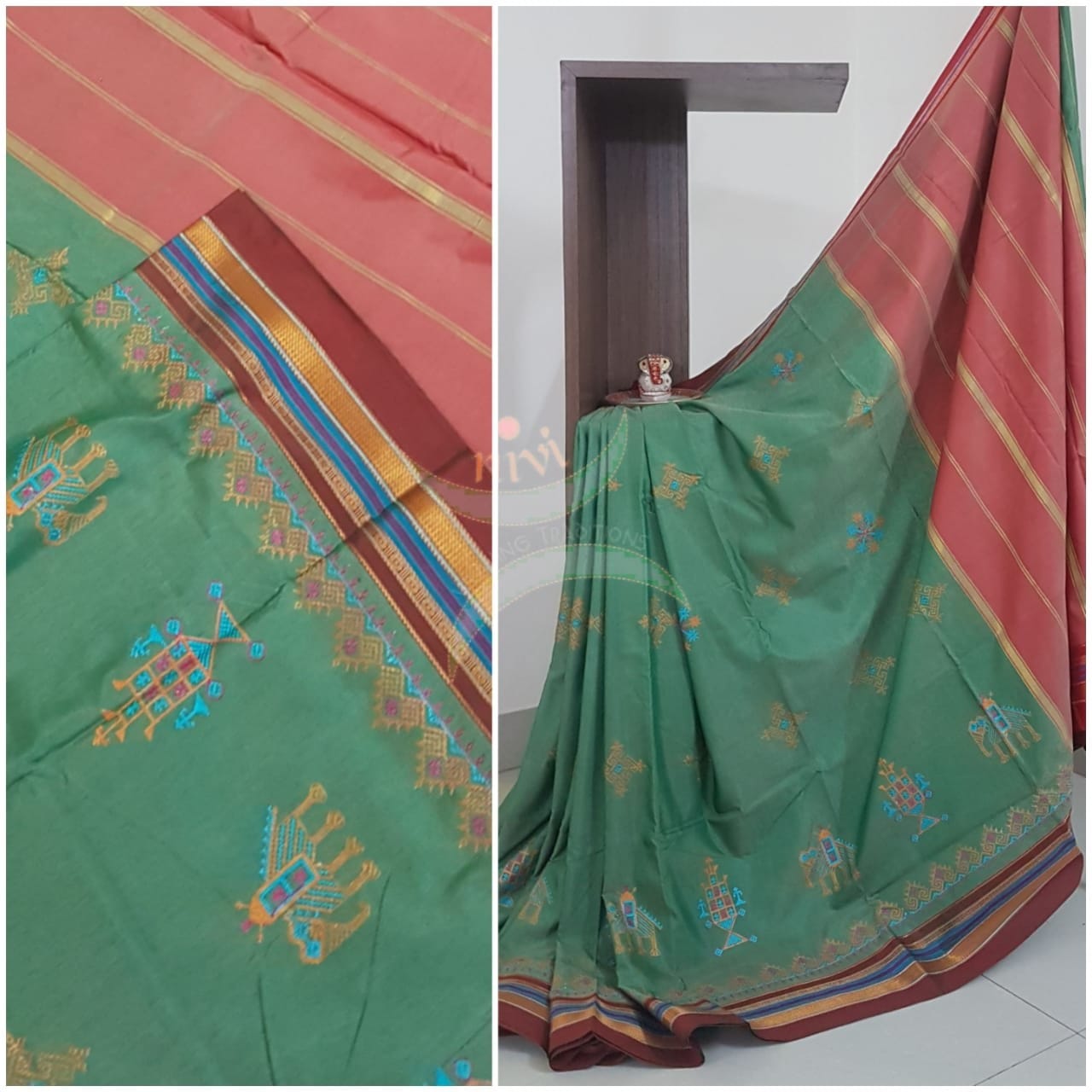 Green cotton blend ilkal with traditional kasuti embroidery