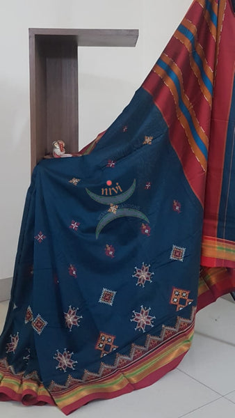 Teal cotton blend ilkal with traditional kasuti embroidery