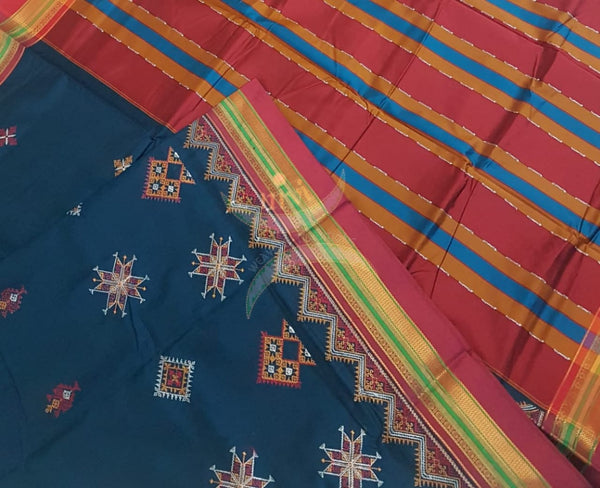 Teal cotton blend ilkal with traditional kasuti embroidery